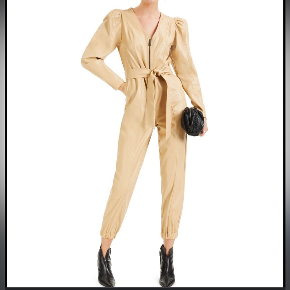 Culpos X INC Faux Leather Puffy Sleeve Jumpsuit In Oatmeal Latte NWT L *No Belt*